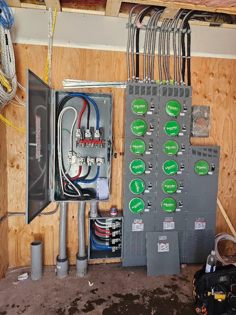 Bank of twelve electrical meters mounted in a row with service conduit running to each